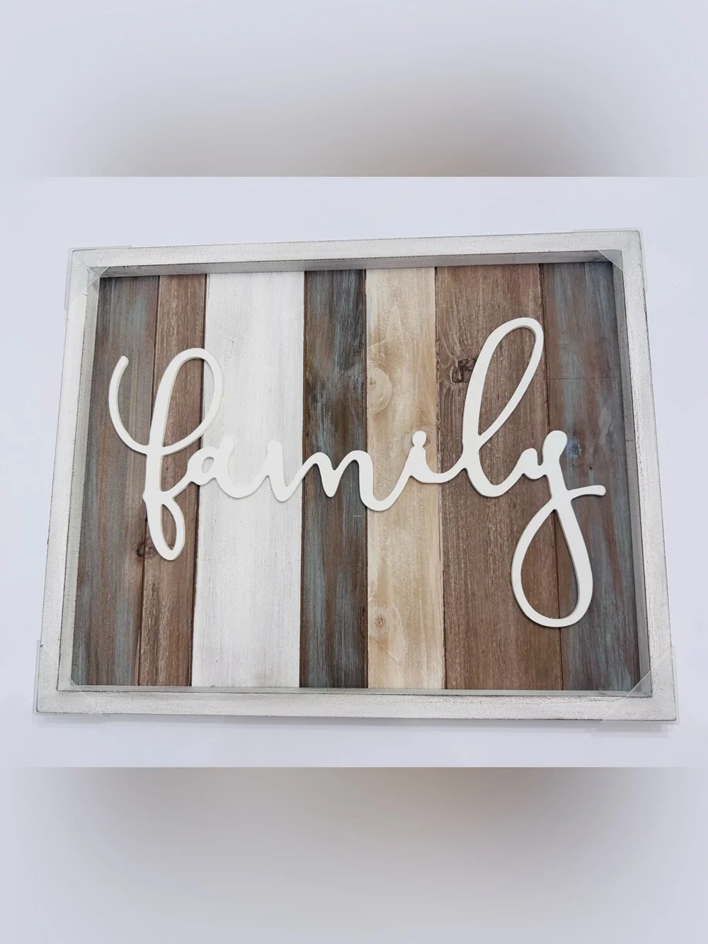 Kohl's White Script 'Family' Wall Art on Weathered Wood Planks size 20x16”